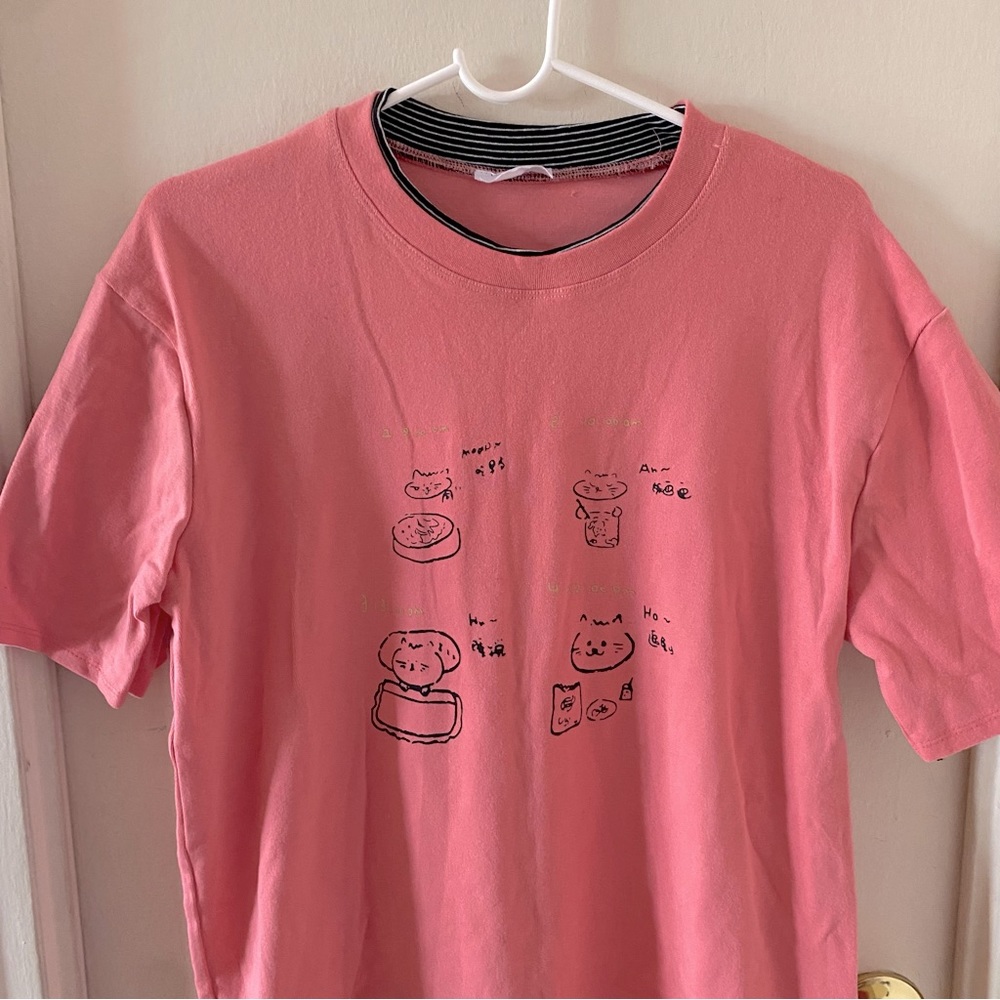 Kawaii Pink Cat Illustration Print Oversized T-shirt